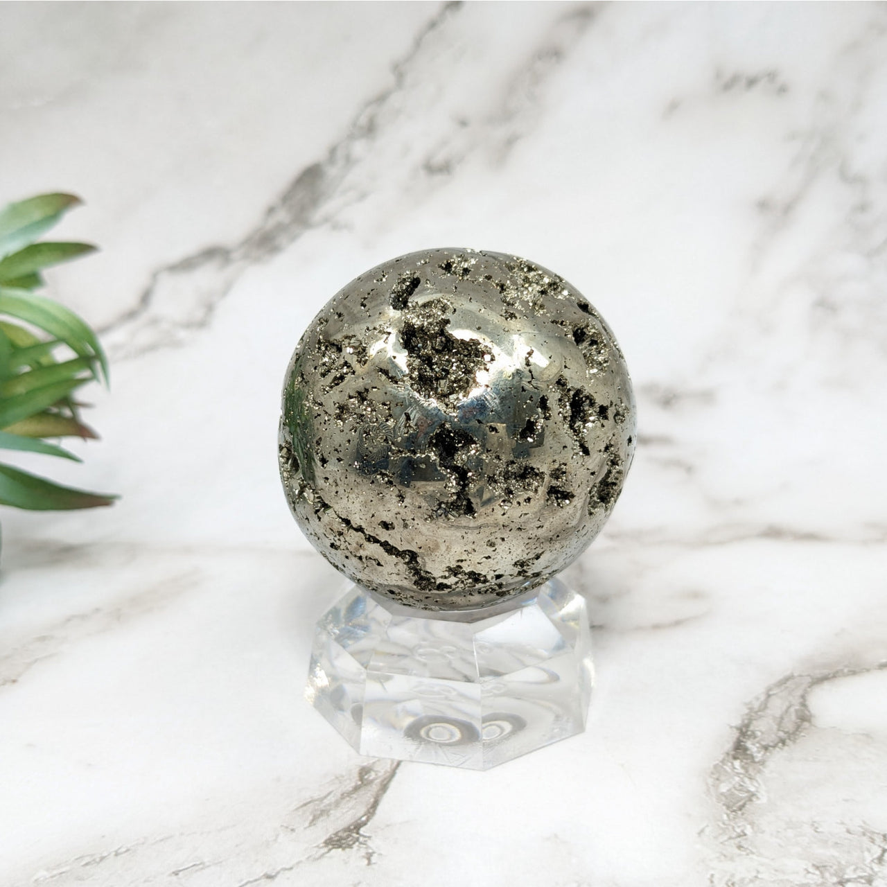 Pyrite 2.1’ Sphere #LV5237 on Marble Table with Plant; Enhances Positive Energy