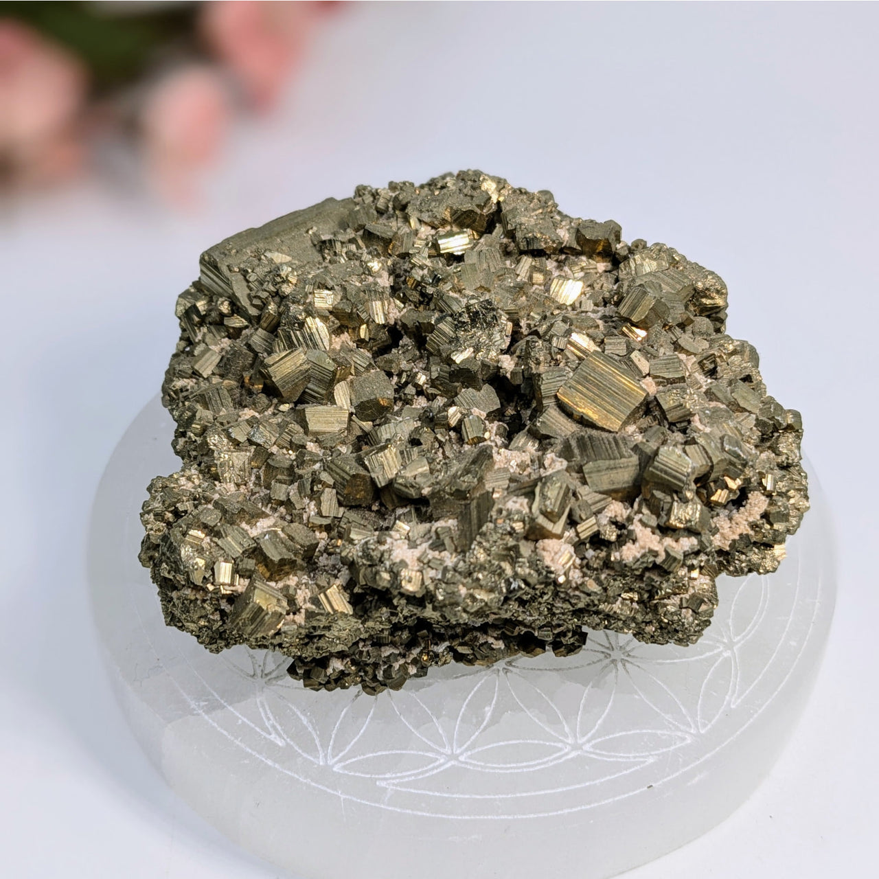 Metallic Pyrite crystal cluster with gold color and cubic formations for item tier benefits