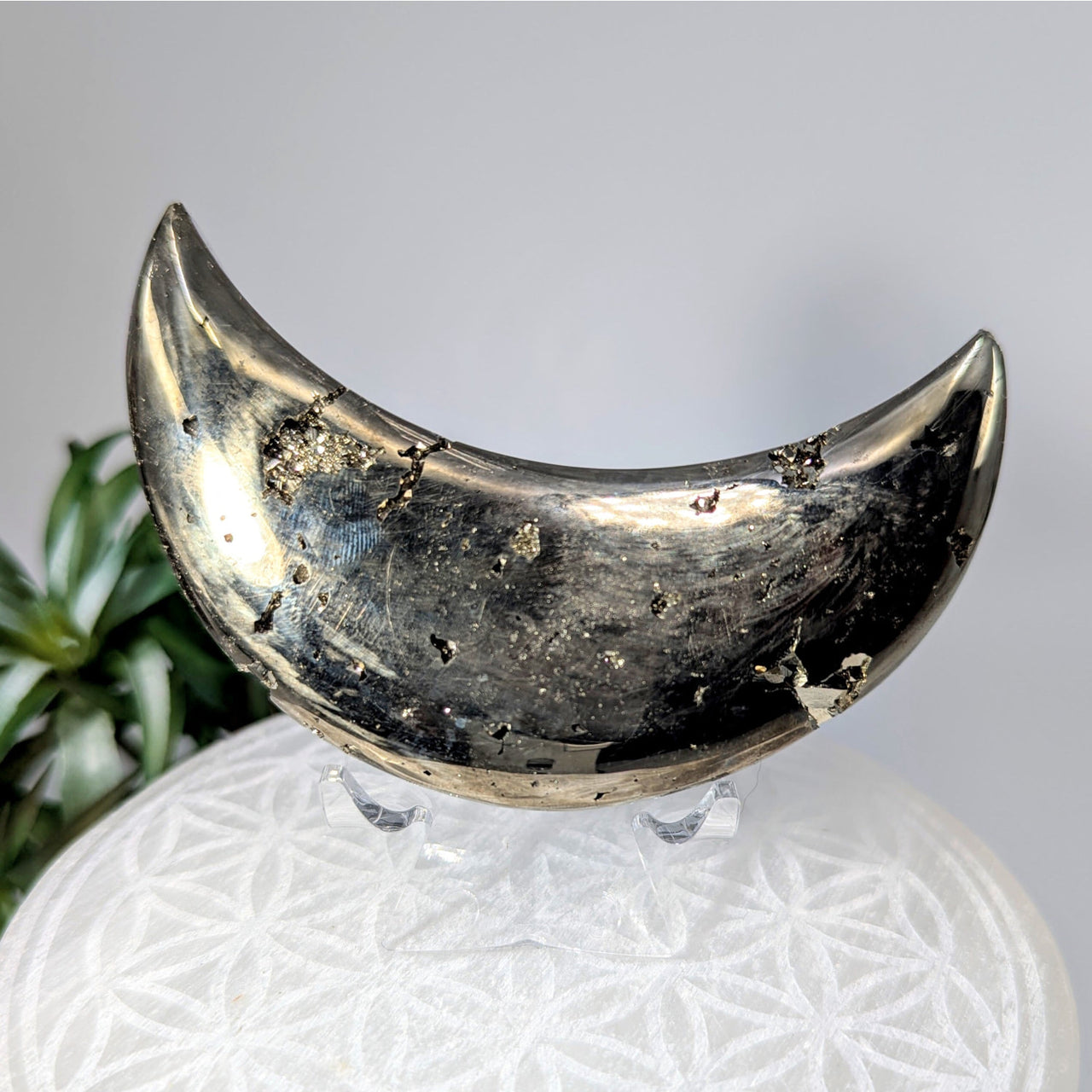 Metallic crescent moon dish from Pyrite 3.6 Inch Moon Carving #LV8640