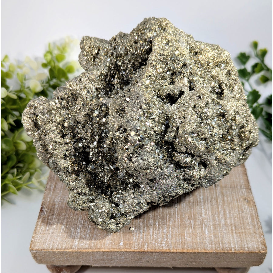 Pyrite 6 inch natural cluster with shimmering irregular metallic gold and dark gray crystal surfaces