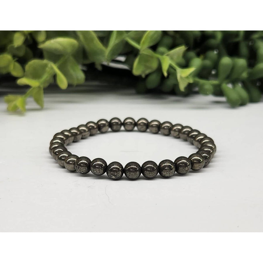 Black Obsidian and Pyrite 6mm 7.5’ Beaded Bracelet - Stylish and Elegant #LV5334