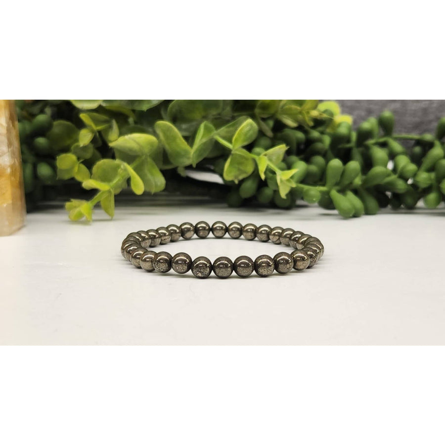 Silver and pyrite 6mm beaded bracelet, 7.5’ length, product code LV5334