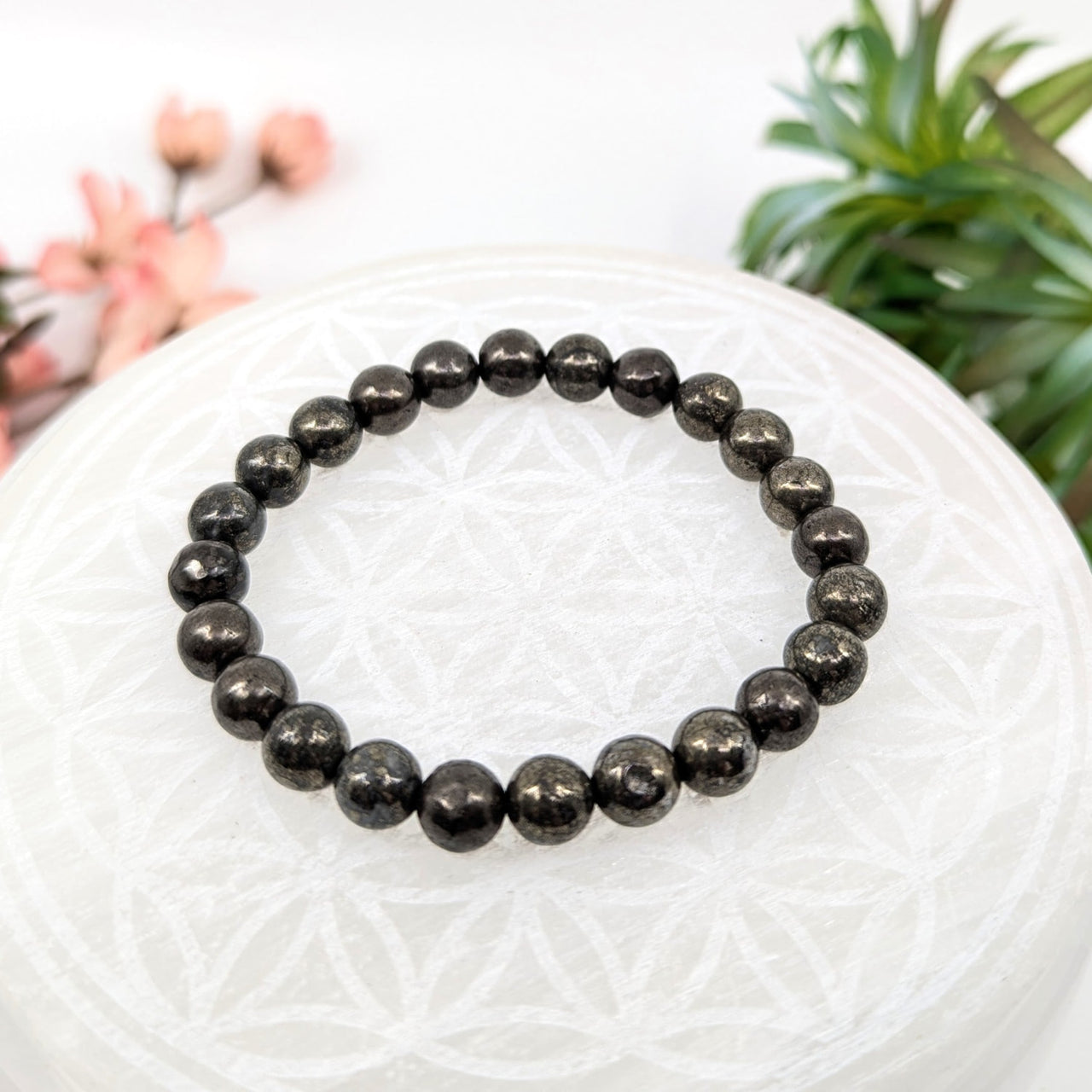 Pyrite beaded bracelet displayed in Pyrite 7 inch Bracelet LV8458