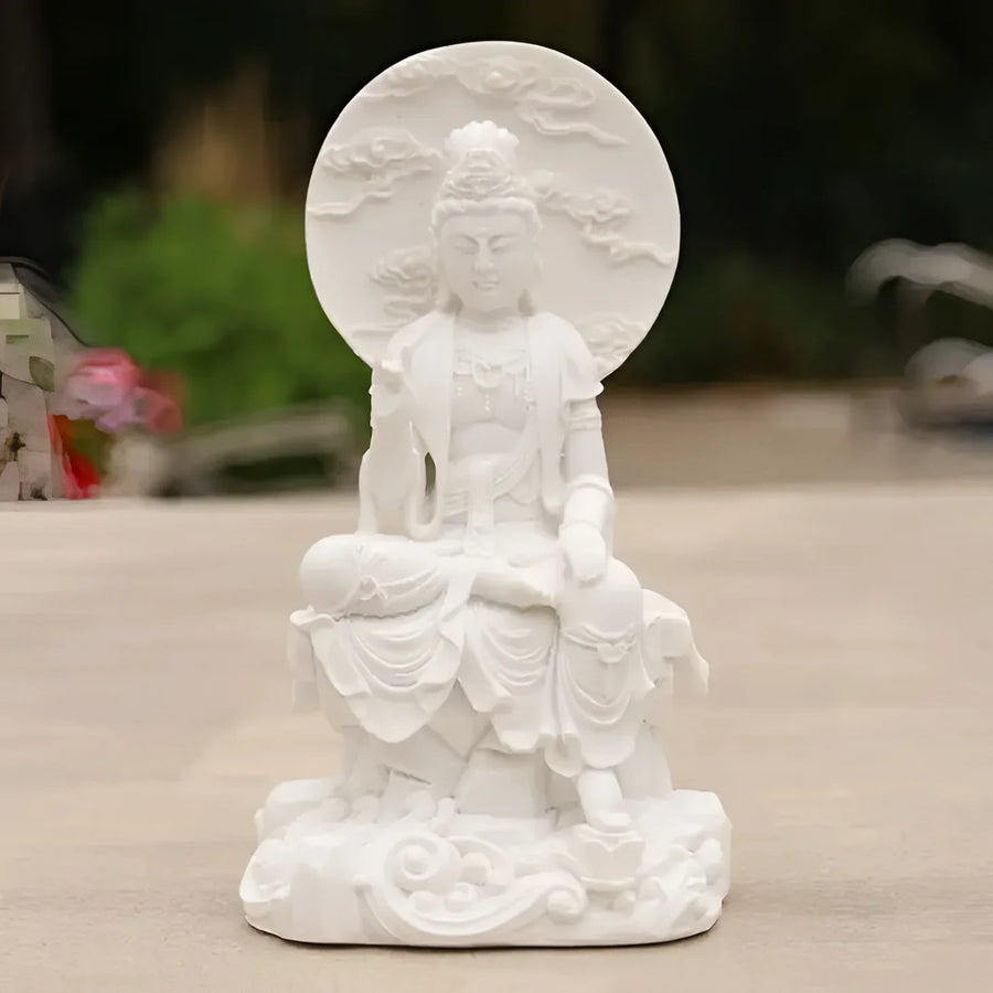 Ivory White Quan Yin Buddha Statue 8’ sitting on a table, Product #LV3741