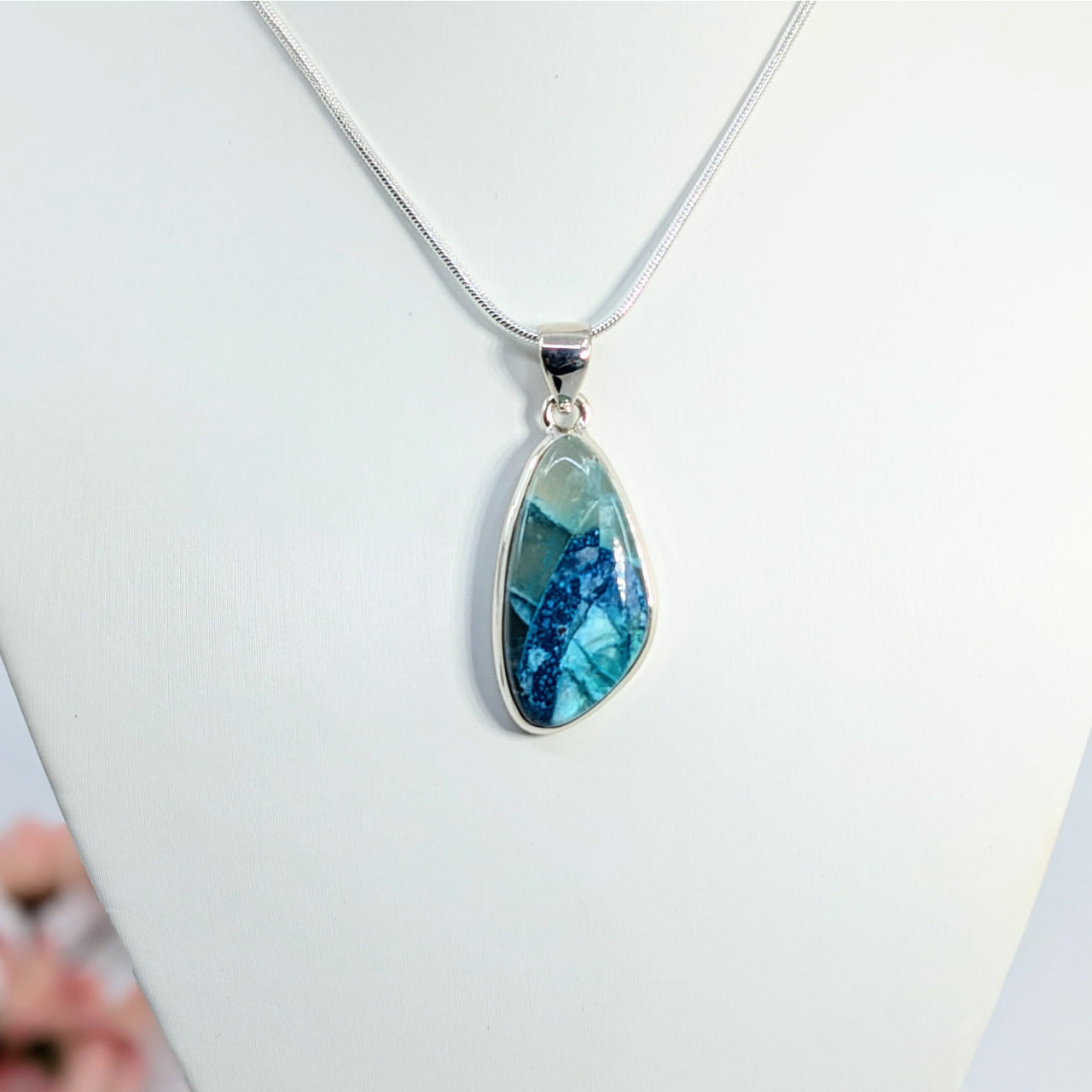 Turquoise and blue Quantum Quattro gemstone pendant on silver chain necklace