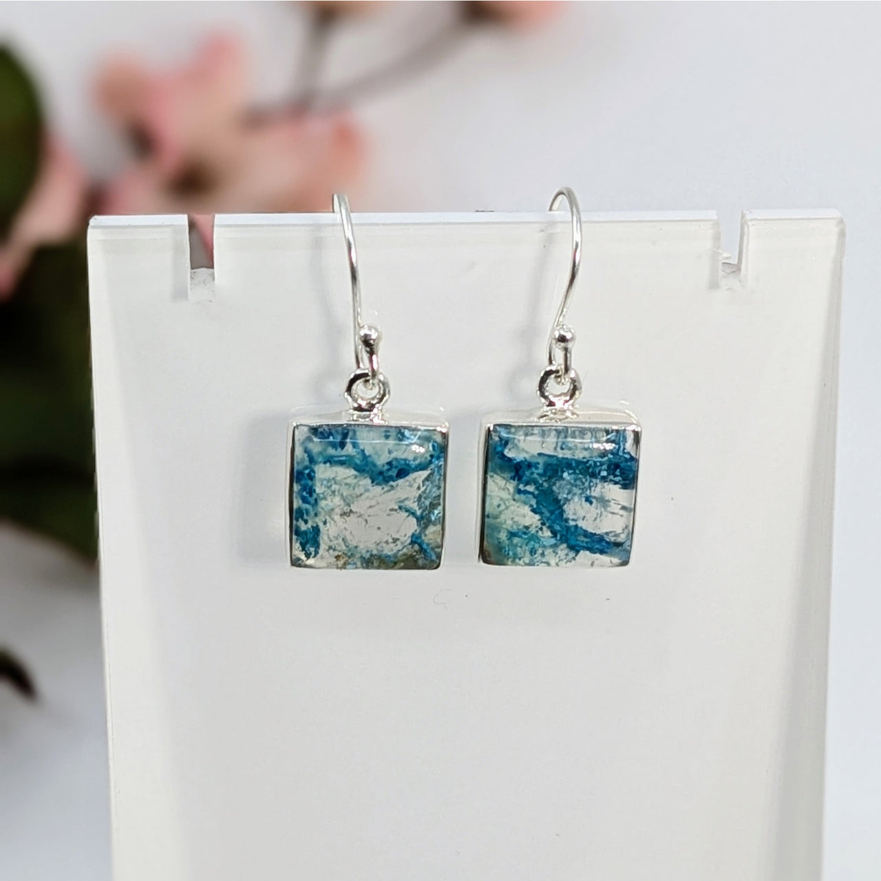 Square blue and white marbled Quantum Quattro earrings with silver hooks