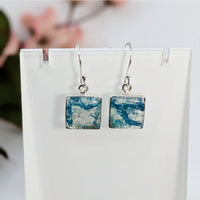 Thumbnail for Square blue and white marbled Quantum Quattro earrings with silver hooks