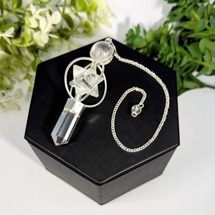 Quartz Merkaba 3 inch clear quartz pendulum with silver metal frame and chain featuring star-shaped crystal design jewelry