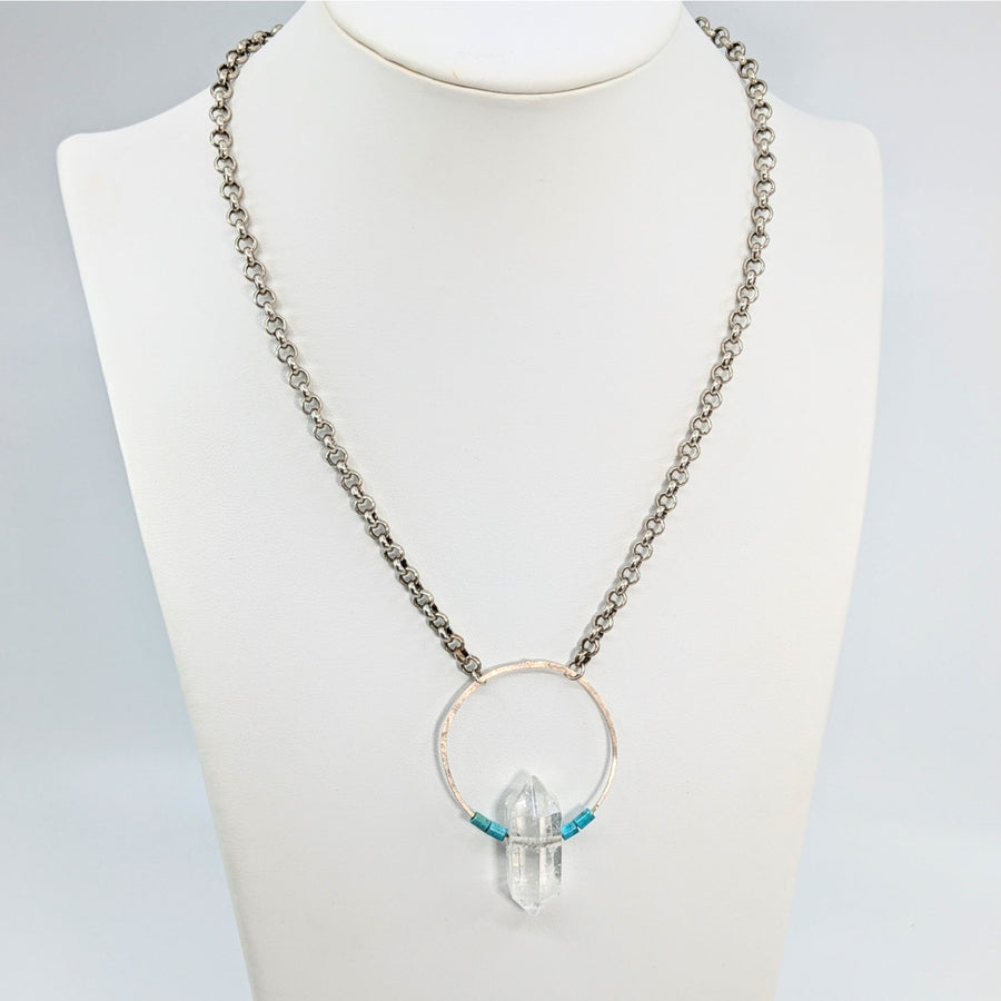 Quartz & Turquoise 18’’ DT Circle Point S.S. Necklace