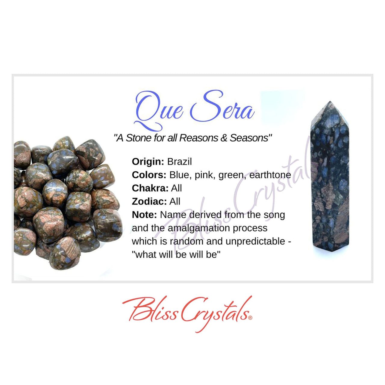 QUE SERA Crystal Information Card with a large group of gems and ’que sera’ text