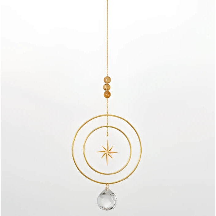 Radiant Star gold starburst suncatcher with clear crystal ball and amber beads, Woodstock #SUNST