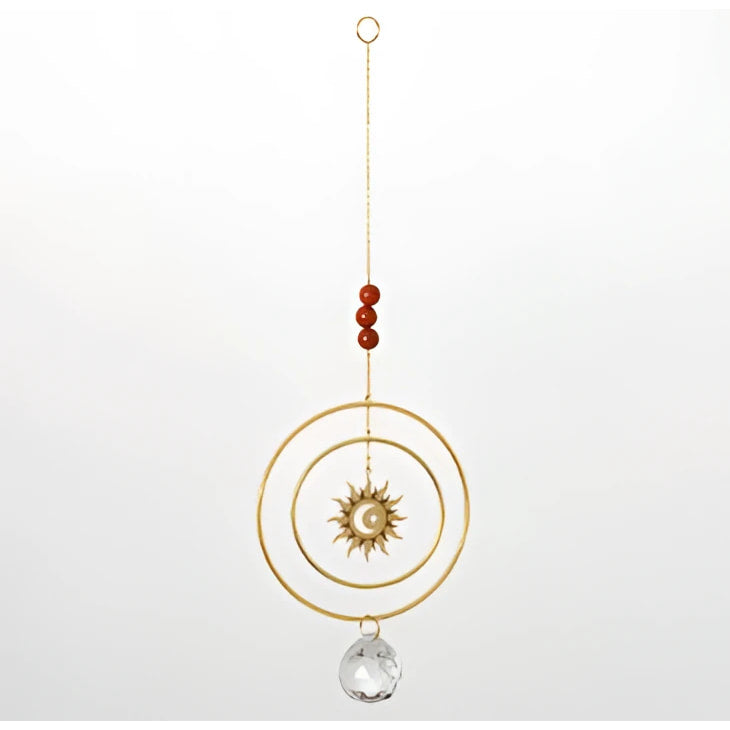 Gold Sunburst Suncatcher with Red Beads and Clear Crystal Ball by Woodstock