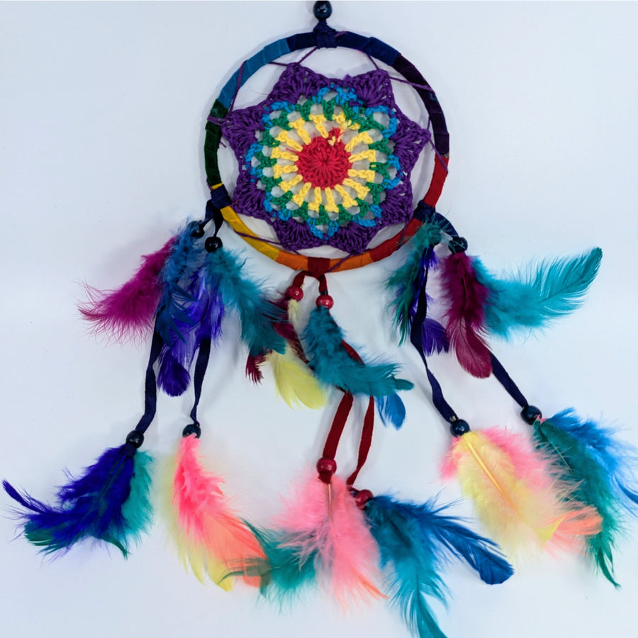 Colorful crochet dreamcatcher with rainbow feathers and crocheted center hanging decor