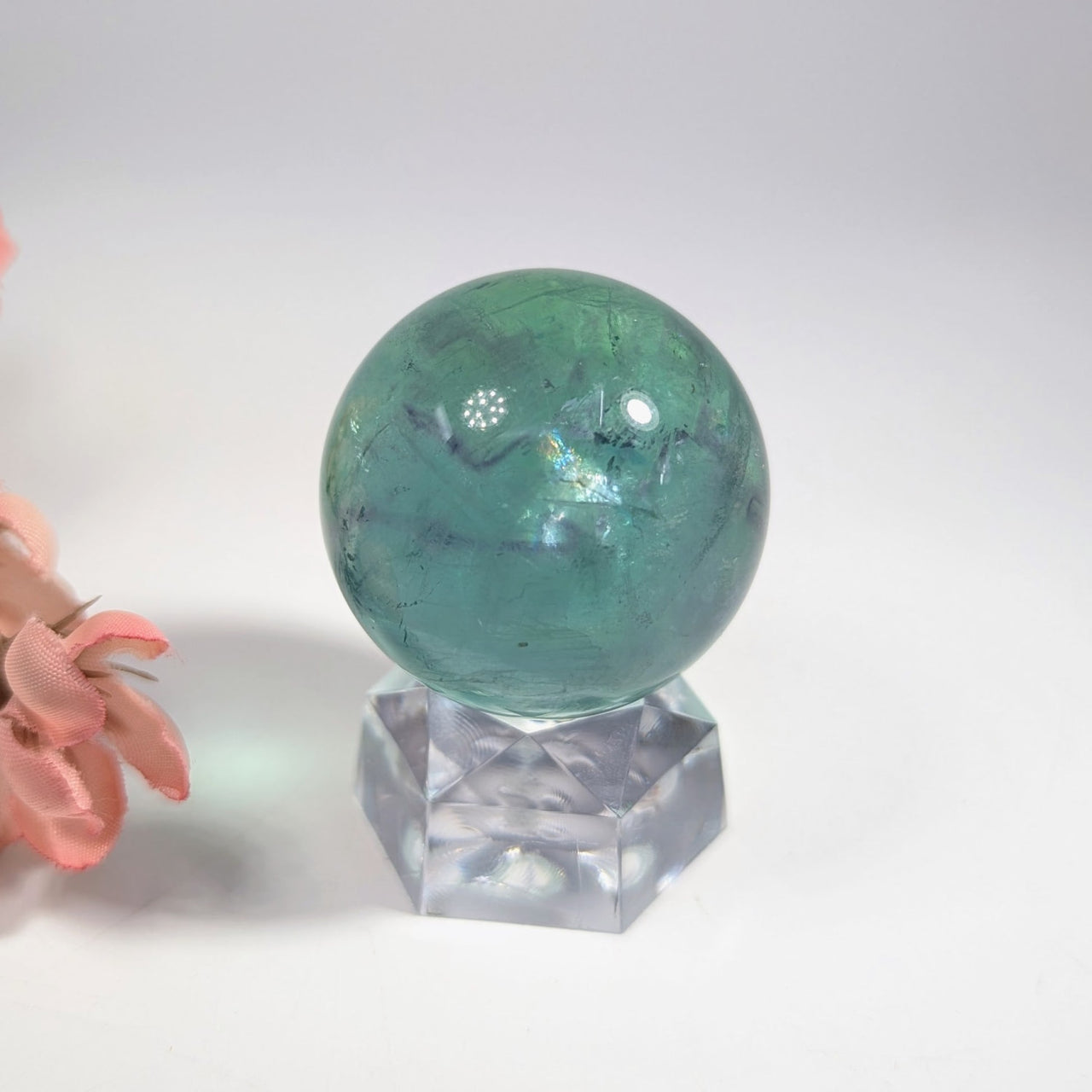 Rainbow Fluorite 1.3 inch green sphere crystal ball on clear stand #BC0122
