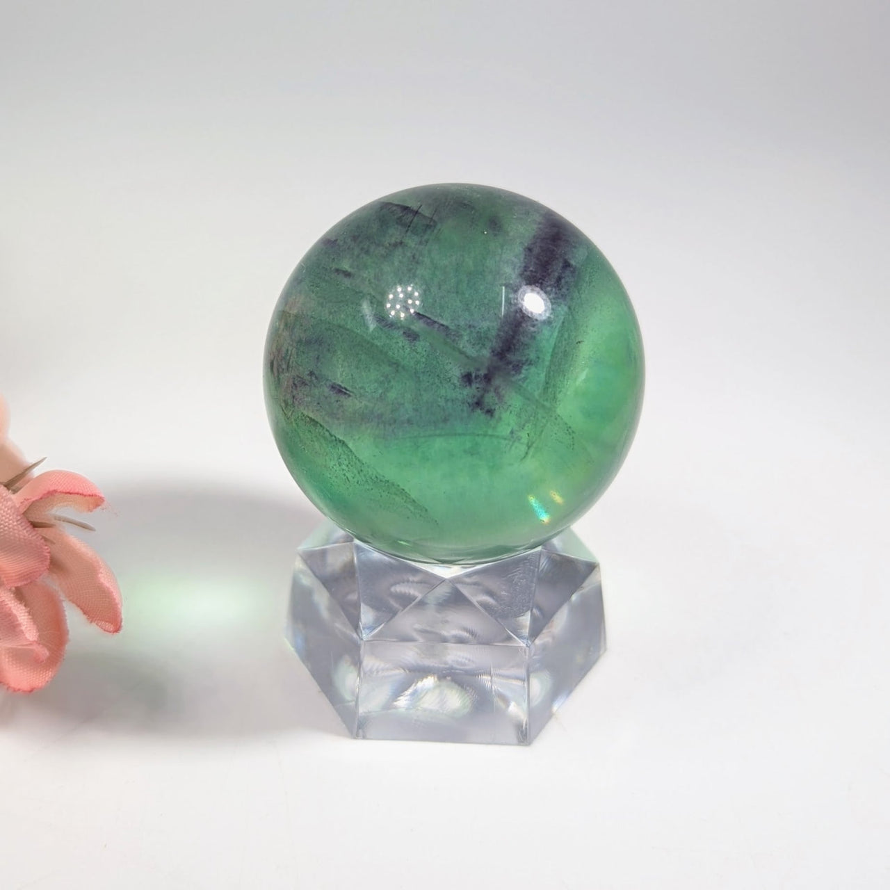 Rainbow Fluorite 1.3’’ Green and Black Marble Sphere on Glass Stand #BC0123