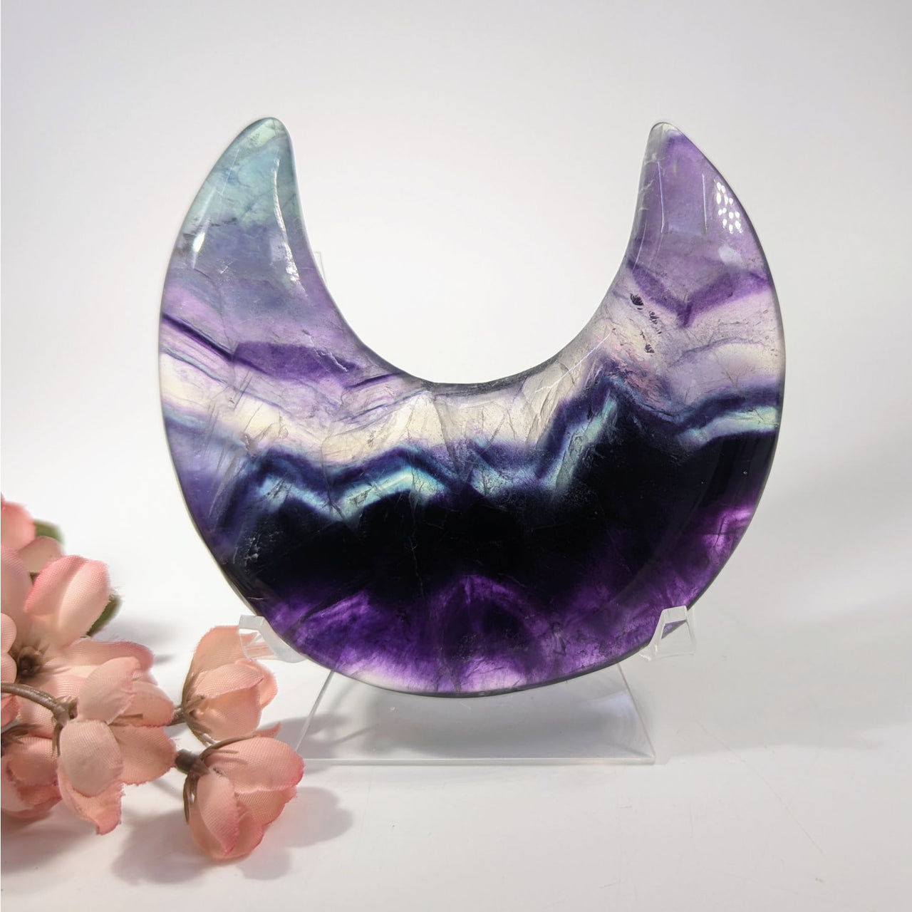 Rainbow Fluorite 4.2’’ Crescent Moon Glass Art in Purple and Blue