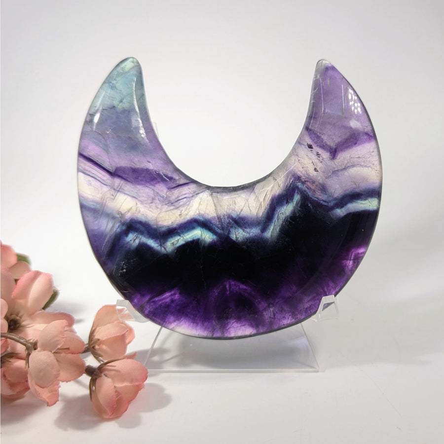 Rainbow Fluorite 4.2’’ Crescent Moon Glass Art in Purple and Blue