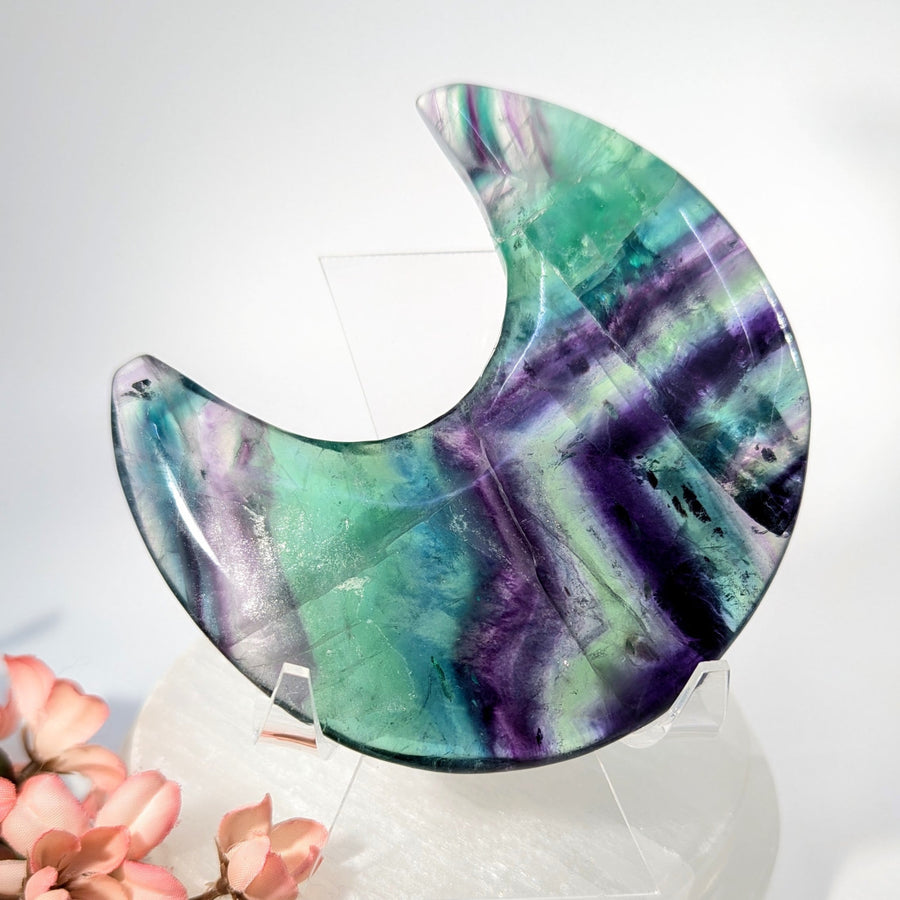 Vibrant translucent rainbow fluorite crescent moon geode, 4 inches, damaged tip final sale