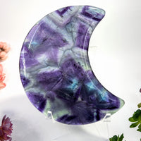 Glossy purple and green marble crescent moon trinket dish, Rainbow Fluorite 5.4’’ Moon #BC0094
