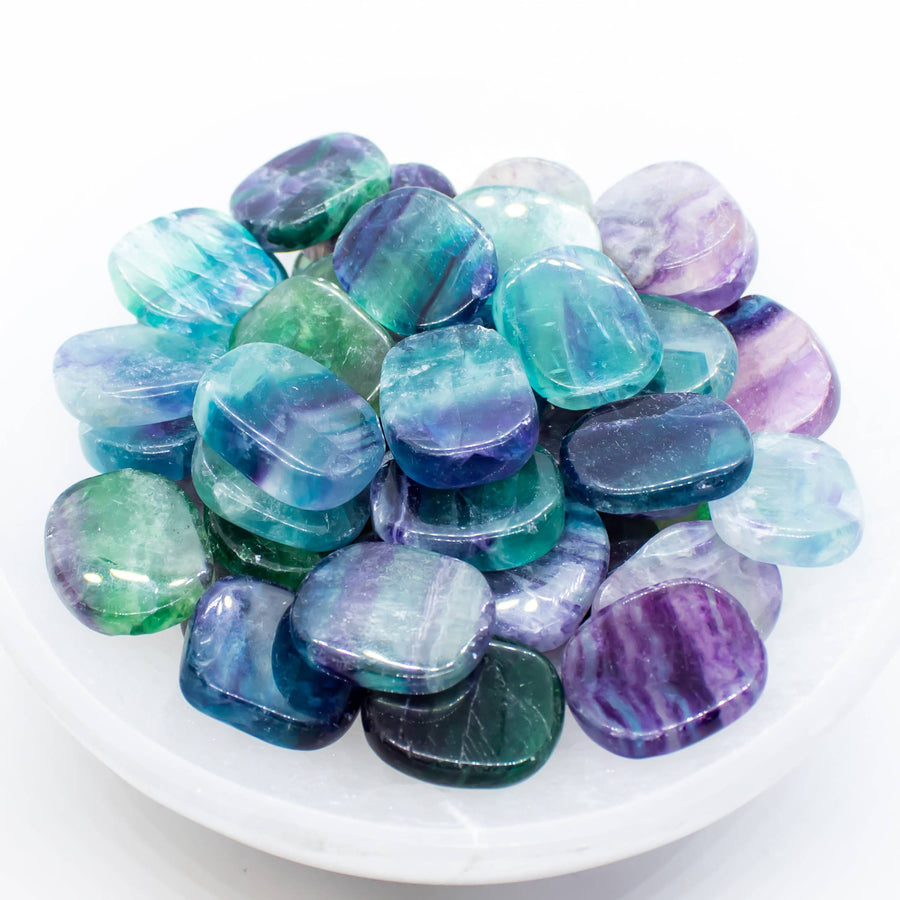 Polished multicolored fluorite stones from Rainbow Fluorite Smooth Mini Palm LV7393