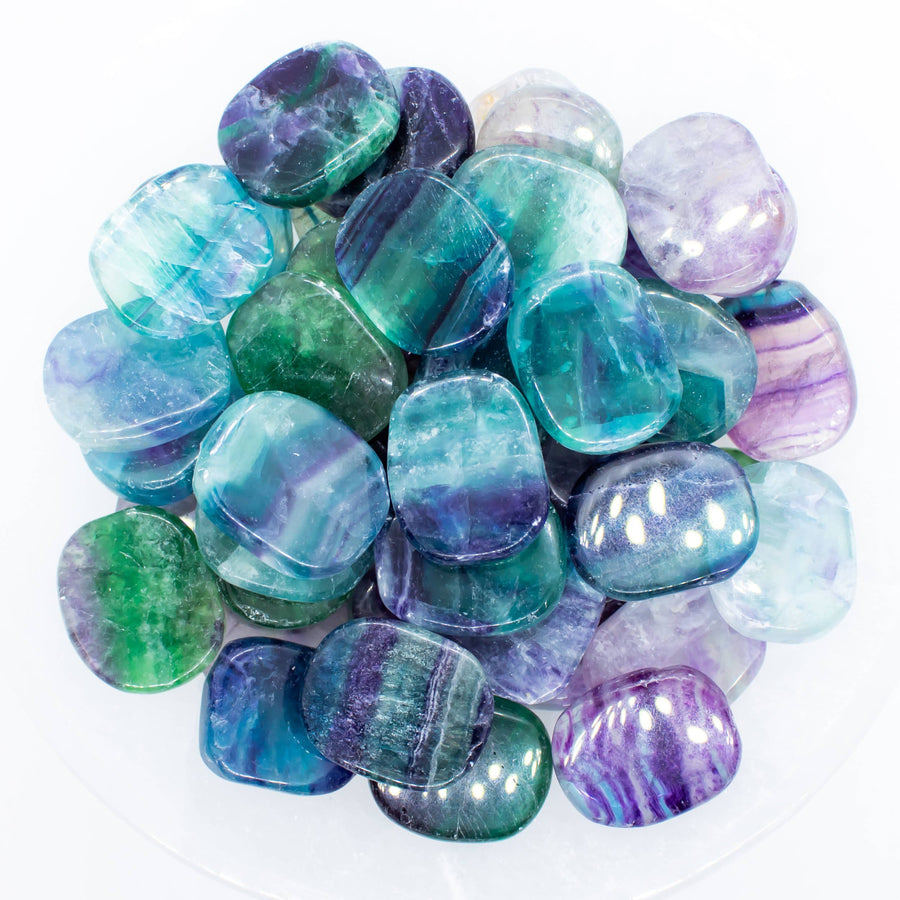 Polished multicolored fluorite tumbled stones from Rainbow Fluorite Smooth Mini Palm LV7393
