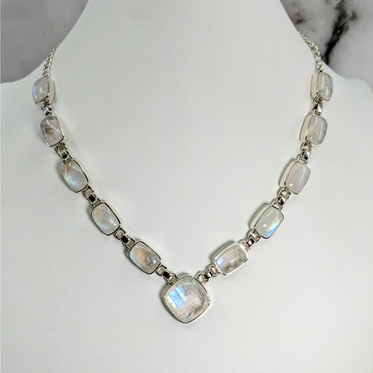 Rainbow Moonstone 18’ Silver Necklace with White Stone on Mannequin #LV3907