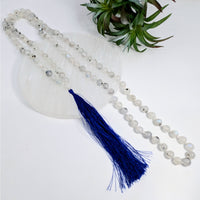 Thumbnail for Beaded Rainbow Moonstone 19’’ Mala Necklace with Navy Blue Tassel Pendant