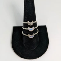 Thumbnail for Close up of Rainbow Moonstone Mini Crescent Moon Ring #SK6667 on black hat with cat