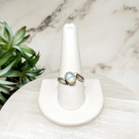 Thumbnail for Rainbow Moonstone Open Swoop Ring #LV4473 showcasing vibrant moon-like gem