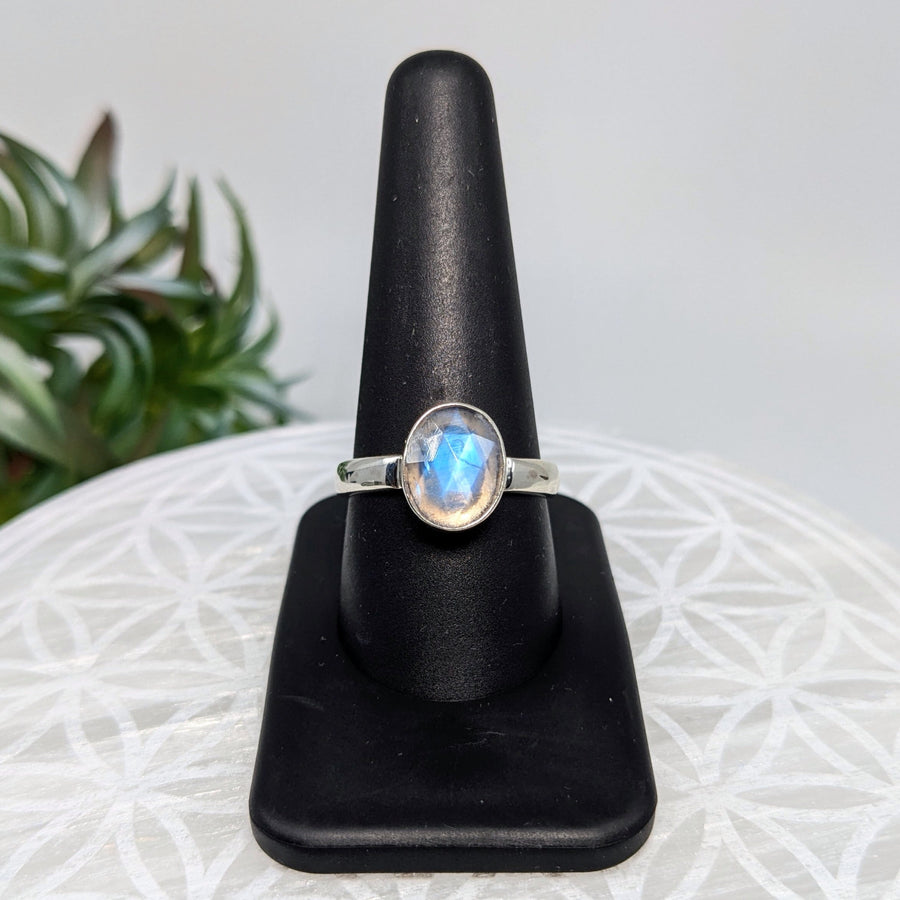 Rainbow Moonstone Sz 10 S.S.Faceted Ring #LV5984 - $69