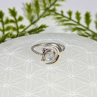 Silver crescent moon ring with rainbow moonstone, sizes 6-8 adjustable #BC1072