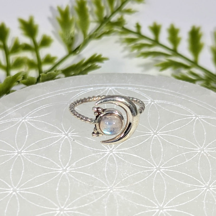 Silver crescent moon ring with rainbow moonstone, sizes 6-8 adjustable #BC1072