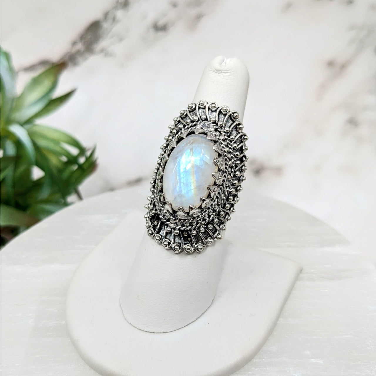 Rainbow Moonstone Sz. 7 Tribal Ring #LV4458 featuring a stunning rainbow ring design