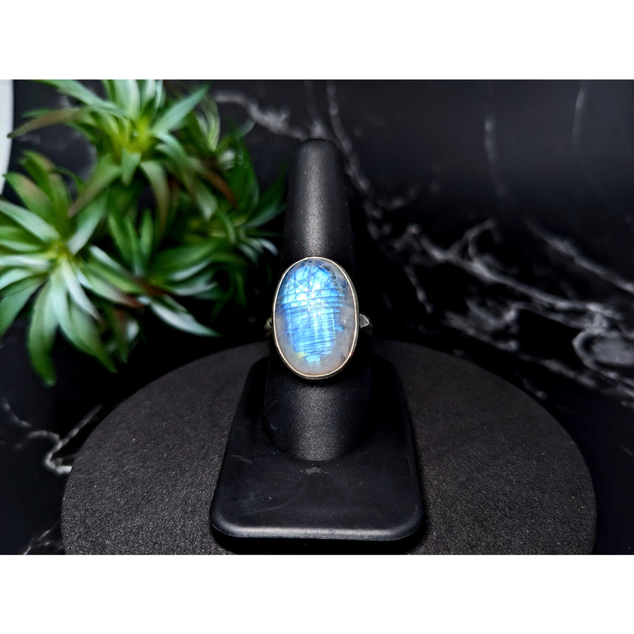 Rainbow Moonstone Sz. 9 S.S. Oval Ring #LV5530 - $140