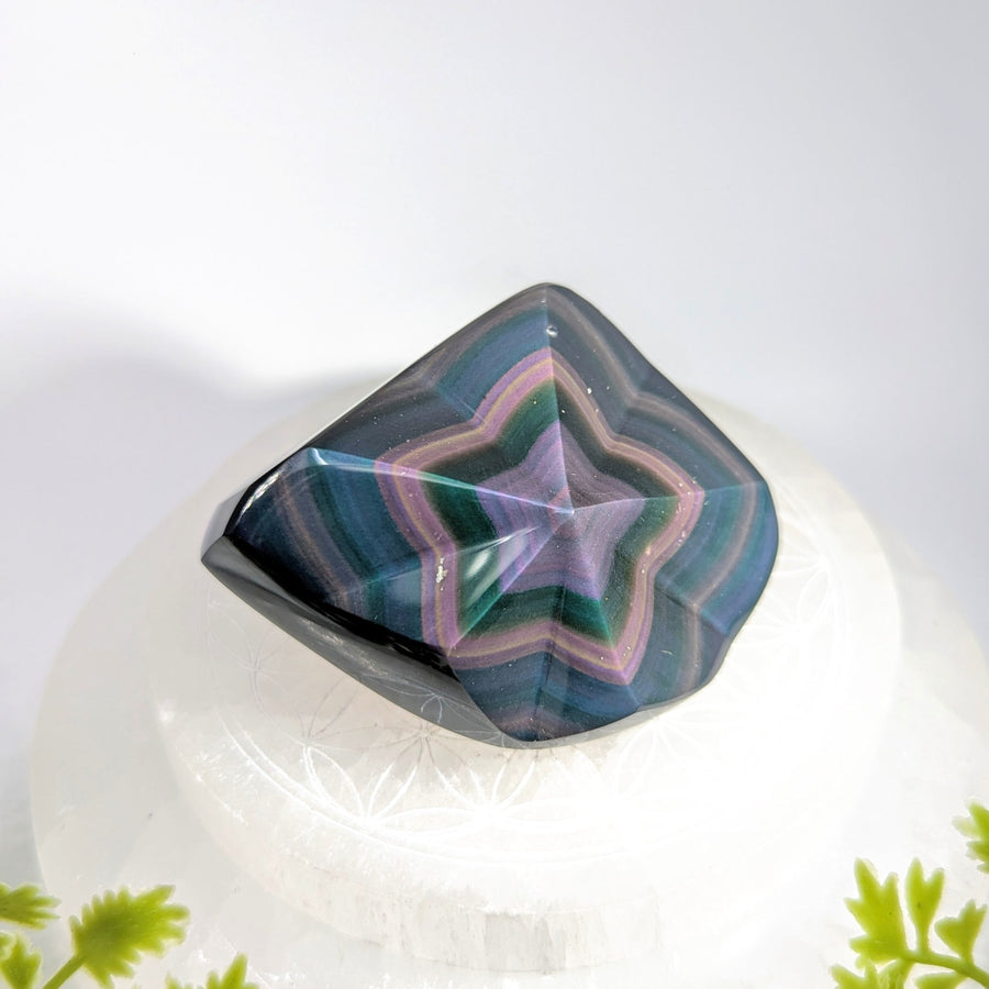 Polished 2.8’’ rainbow obsidian star carving #BC1257 with purple agate facets
