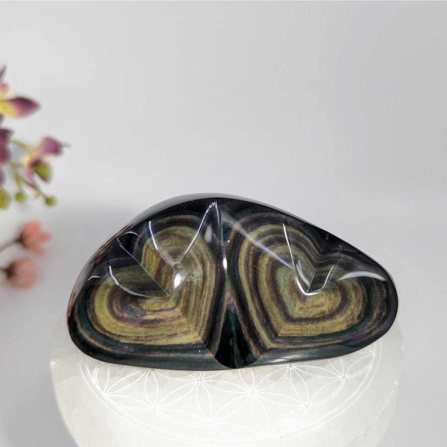 Polished Rainbow Obsidian Twin Heart Carving made from volcanic molten lava for jewelry