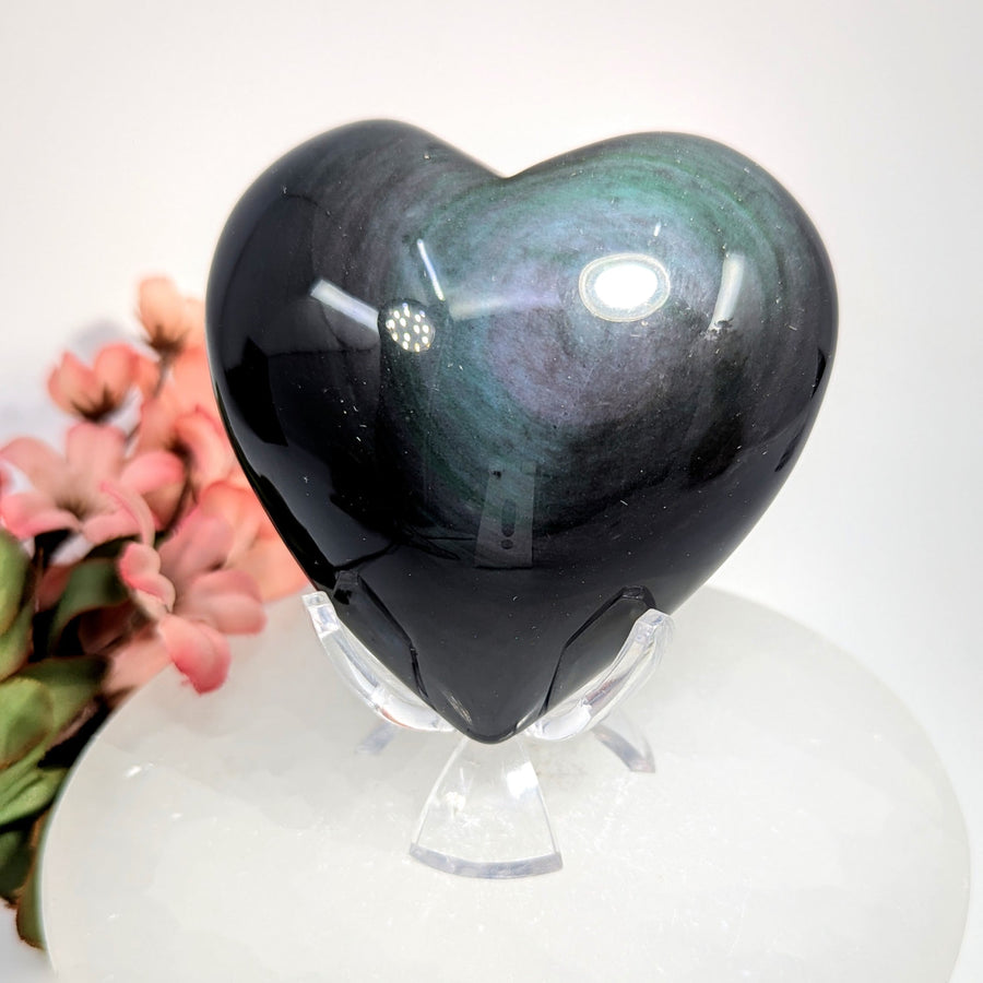 Polished 3.5-inch black green aventurine heart #BC0659 on acrylic stand