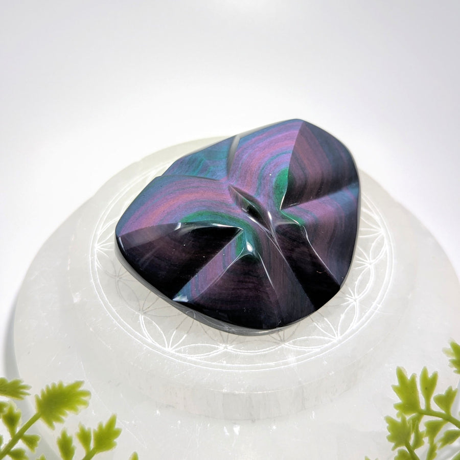 Rainbow Obsidian 3-inch Butterfly Carving #BC1256 on white dish
