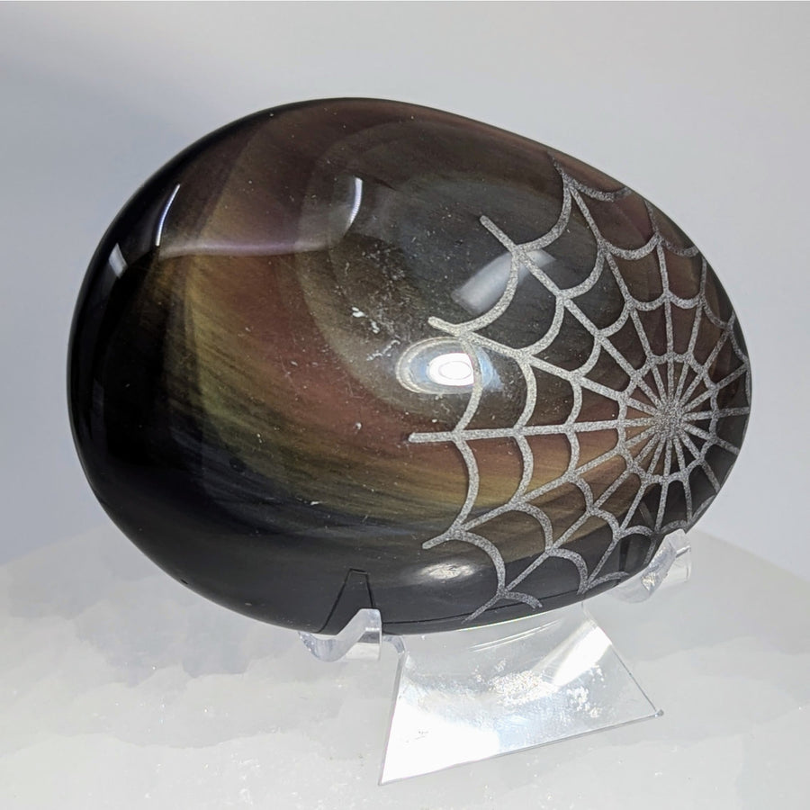 Rainbow Obsidian 3’’ Palm w Spiderweb Etching #LV9407 $58