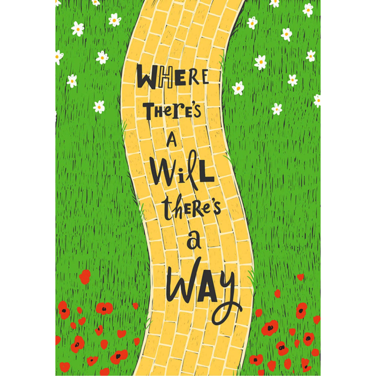 Yellow brick road winds through green grass with white and red flowers in Raise Your Vibration Oracle Deck LV9600