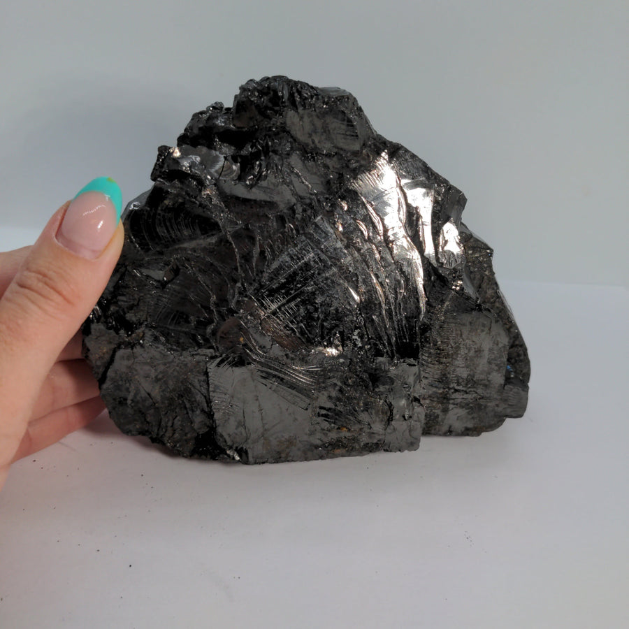 Hand holding Raquirite Colombian black rock (610g) #SK4035 mineral specimen