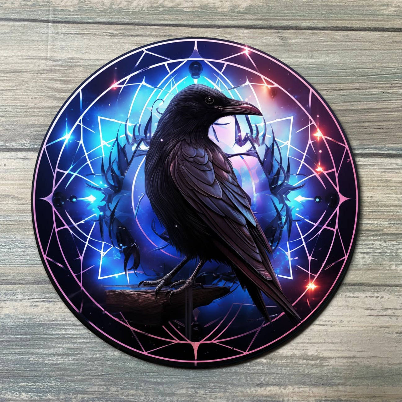Black Raven Coaster with Geometric Patterns and Glowing Blue Accents LV9082