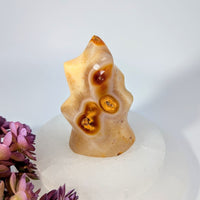 Polished translucent red agate geode flame freeform sculpture, 3.25’’ #BC0248