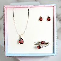 Thumbnail for Red Garnet Faceted Jewelry Set: Necklace, Earrings, and Adjustable Ring in Sterling Silver