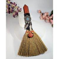 Rustic red jasper point dreamcatcher witch’s broom with quartz handle, 7-7.5’’L