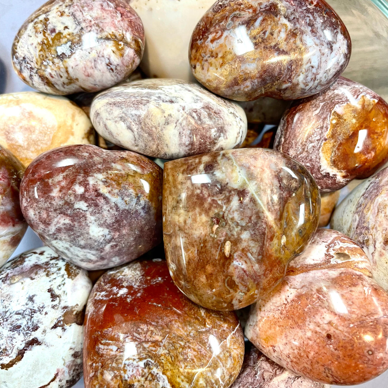 Polished multicolored Jasper stones for Red Ocean Jasper Heart H077 jewelry display