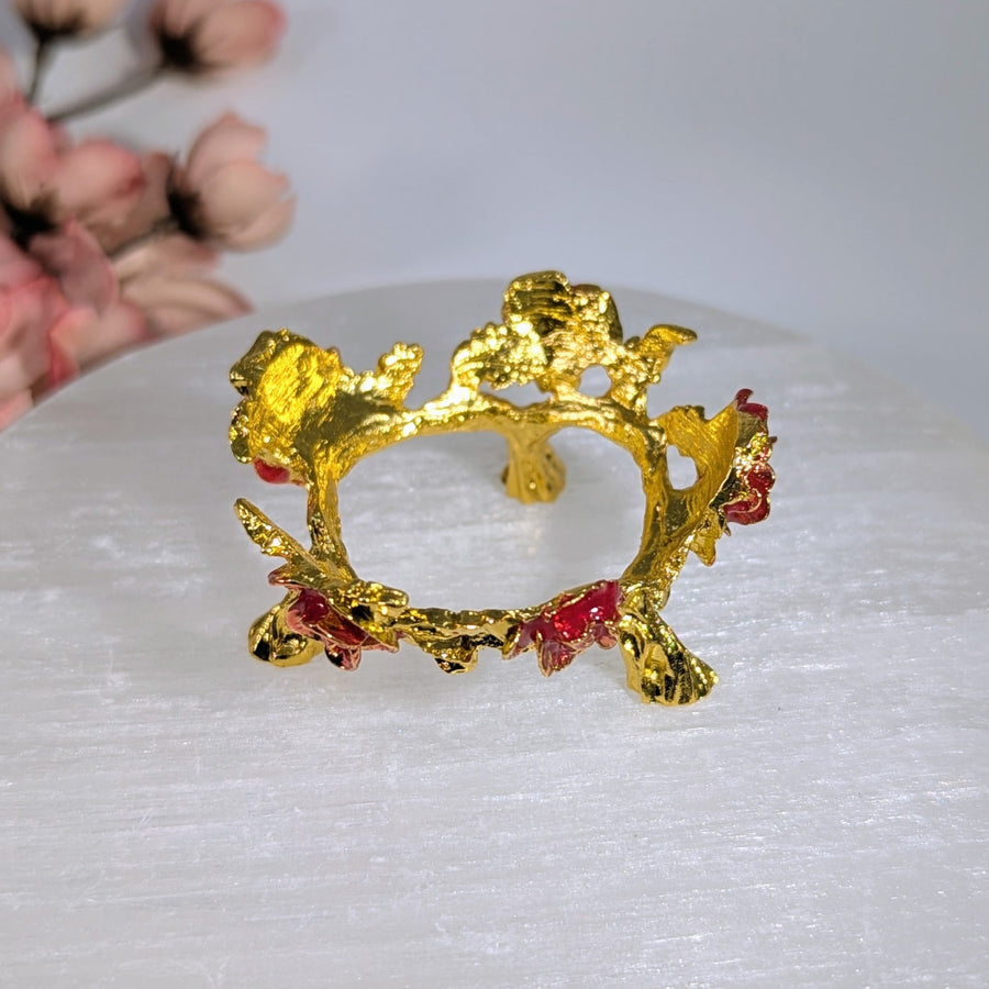 Golden Leaf Berry Crown Ring with Red Enamel in Red Roses Gold Holder #BC0147
