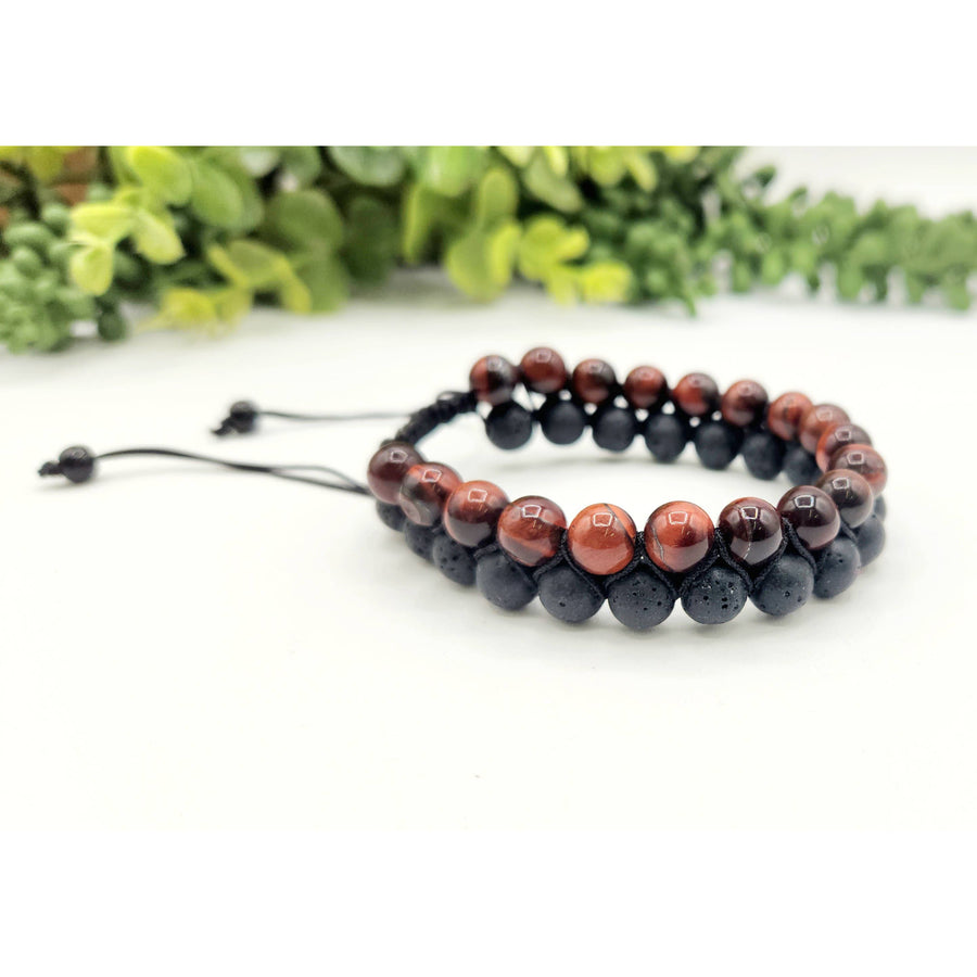 Red Tiger Eye and Black Lava woven adjustable two-strand beaded bracelet with 8mm beads
