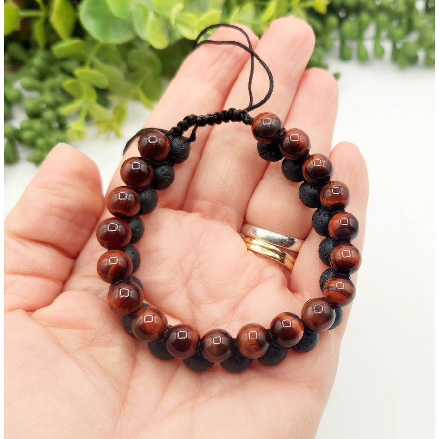 Red Tiger Eye and Lava Bead Bracelet with Adjustable Woven Design