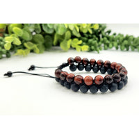 Two-strand beaded bracelet featuring Red Tiger Eye and Black Lava woven design